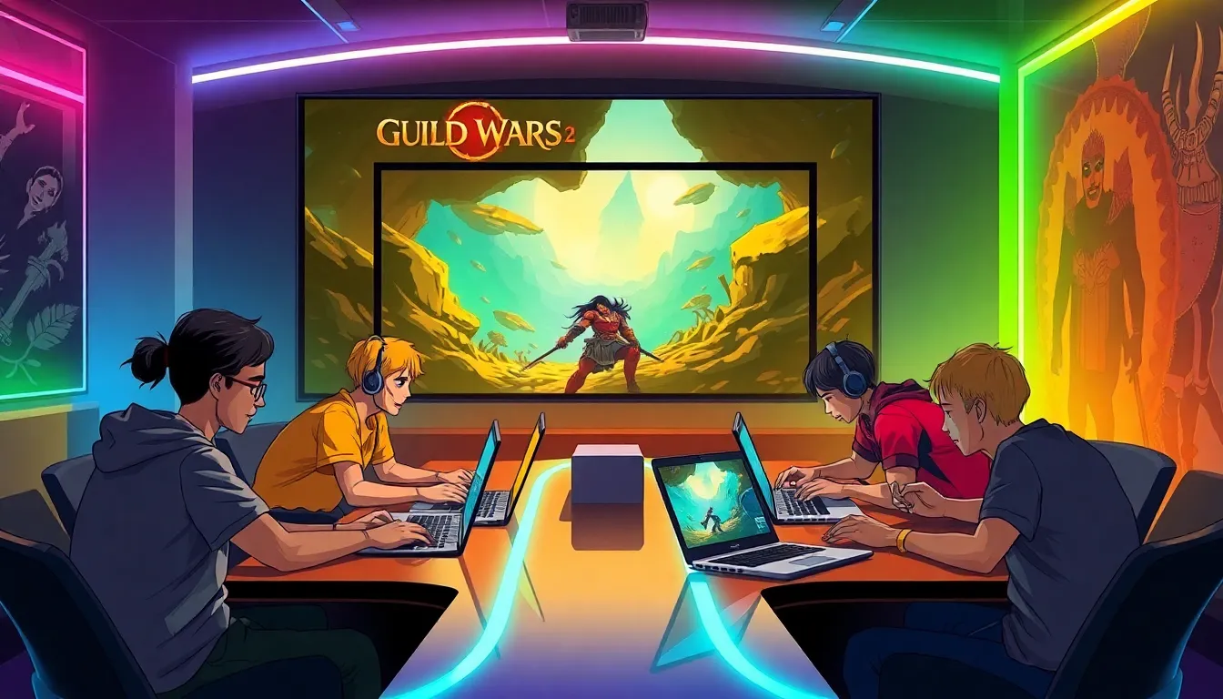 diverse group of gamers in a modern gaming lounge.