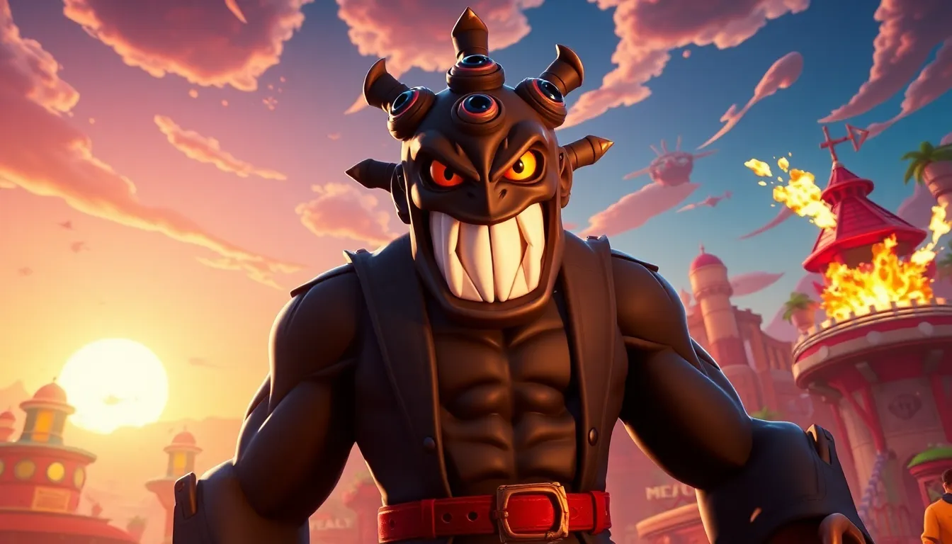 Sukuna from Jujutsu Kaisen in a chaotic Fortnite landscape.