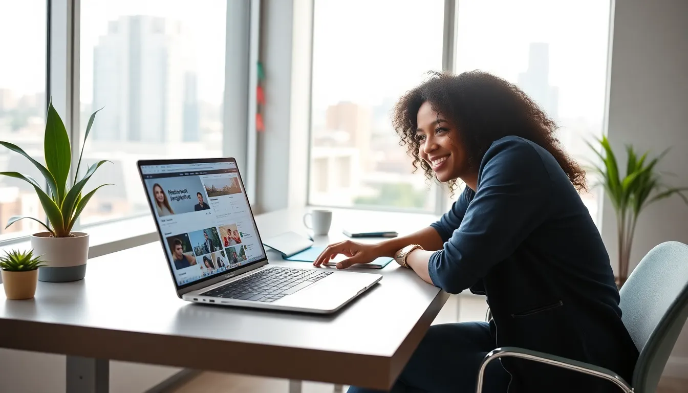 individual engaging with online content in a modern workspace.