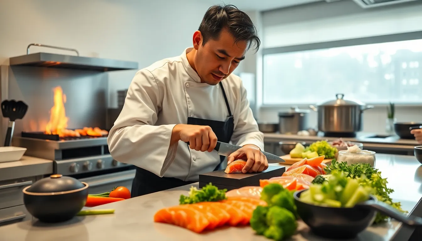 Chef demonstrating Japanese knife skills in a modern kitchen.