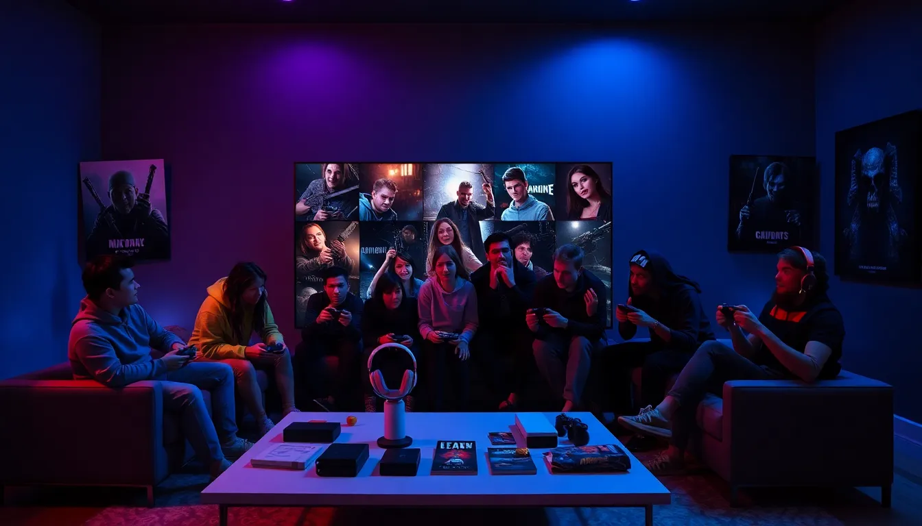 gamers playing horror games in a dimly lit modern gaming setup.