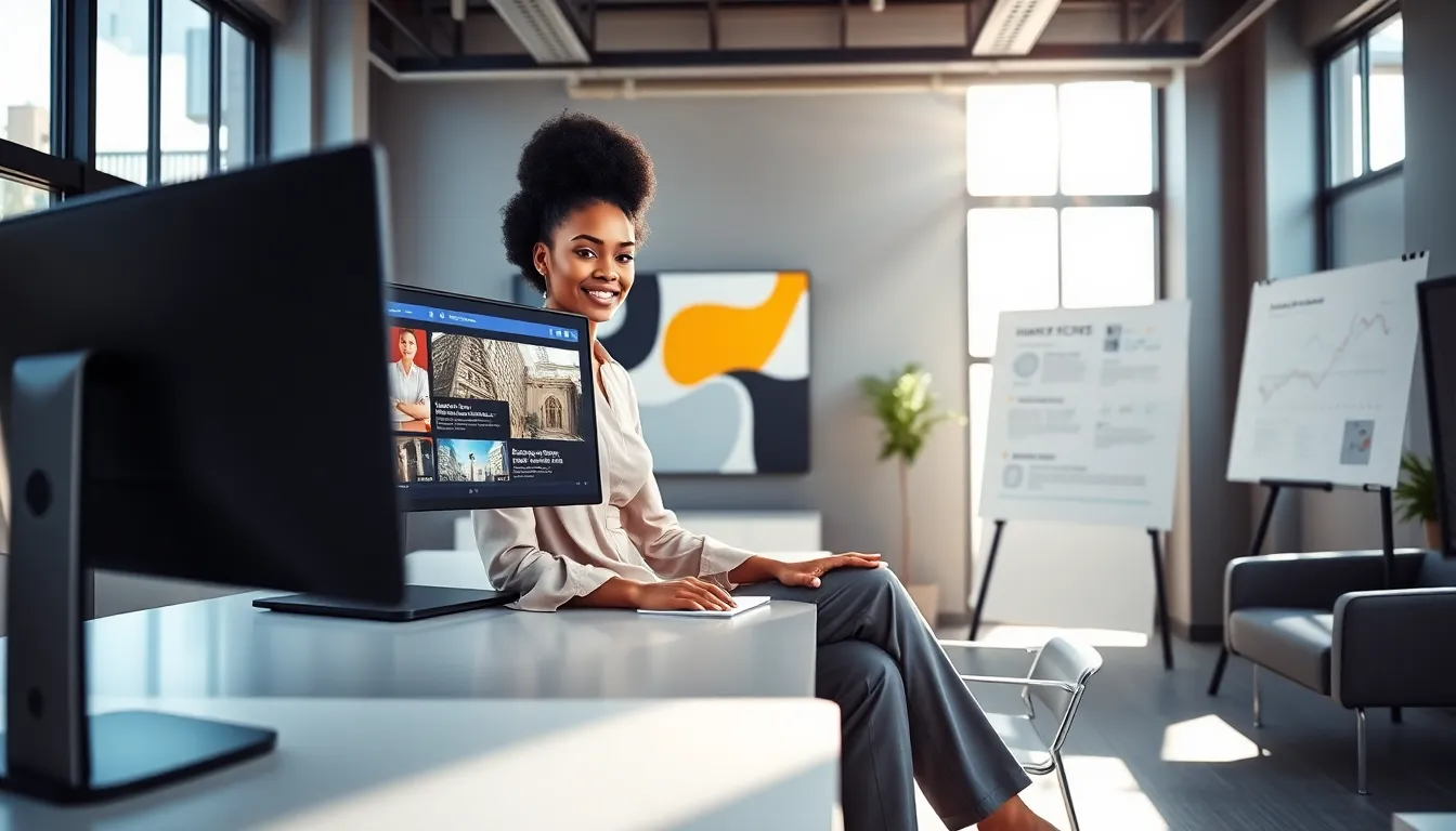 a young woman accessing real estate news on a modern office computer.