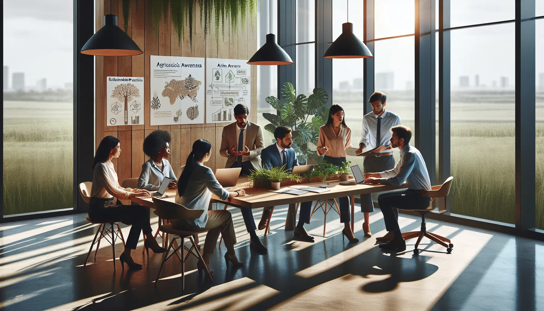 diverse team discussing sustainable agricultural practices.