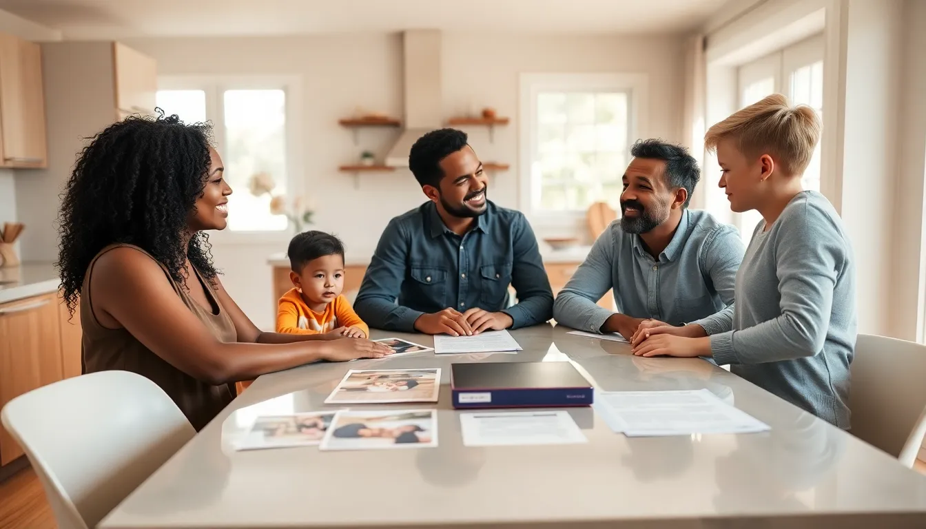 diverse foster parents discussing care options in a modern kitchen.