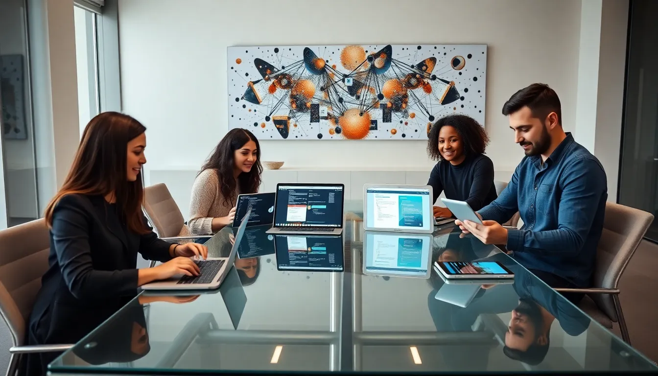 diverse team collaborating on mobile app development in a modern office.