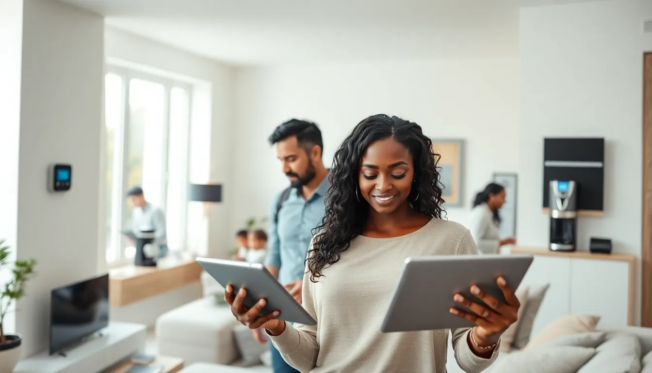 family interacting with smart home devices in a modern living room.