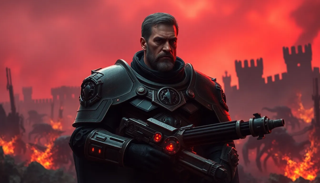 A Daemonhunter stands ready in a chaotic Warhammer battlefield.