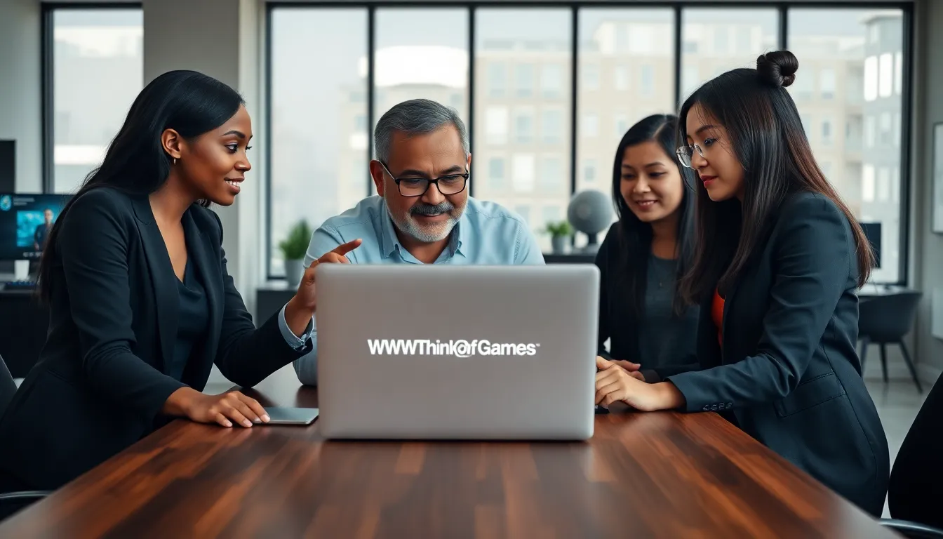 diverse team collaborating on gaming strategies in a modern office.