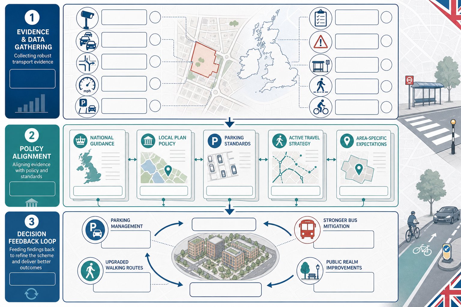 Infographic of UK transport planning using data, policy review, and design feedback.