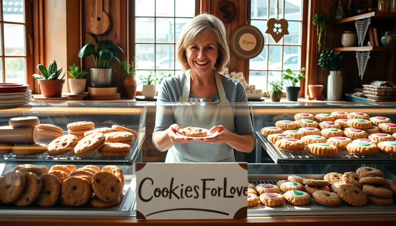 A cheerful baker serving cookies in a cozy bakery.