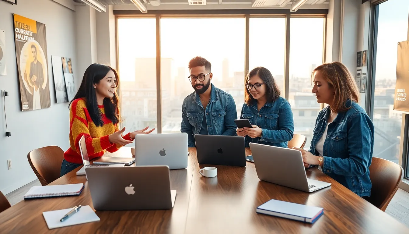 a diverse group working together in a bright, modern workspace.