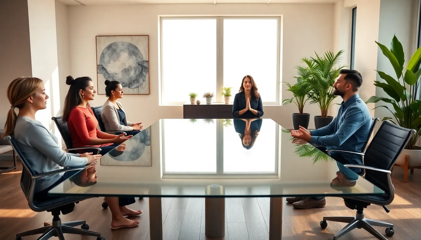 diverse professionals practicing mindfulness in a modern office setting.