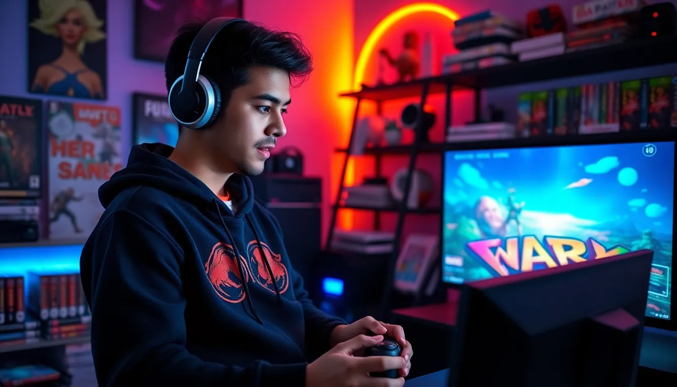 A young male gamer focused on a monitor with game guides around.