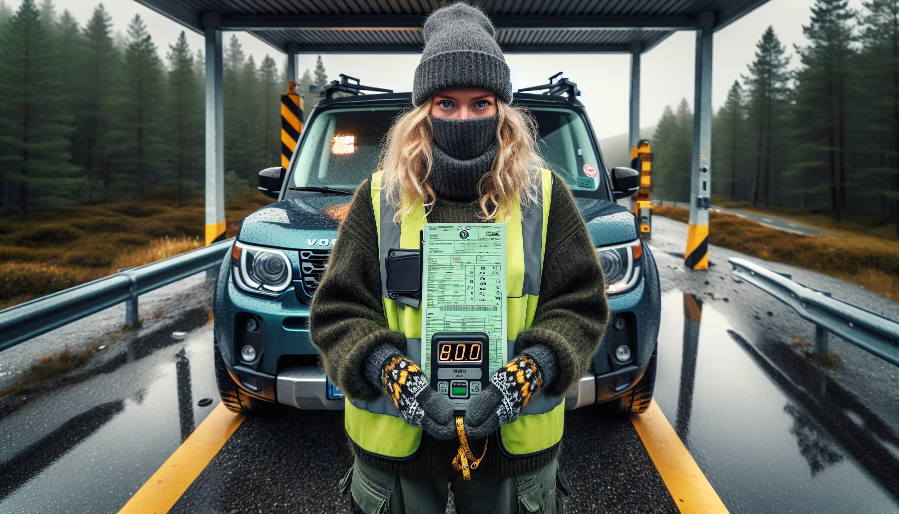 Driver checks vognkort and nose weight as suv and trailer sit on weighbridge.