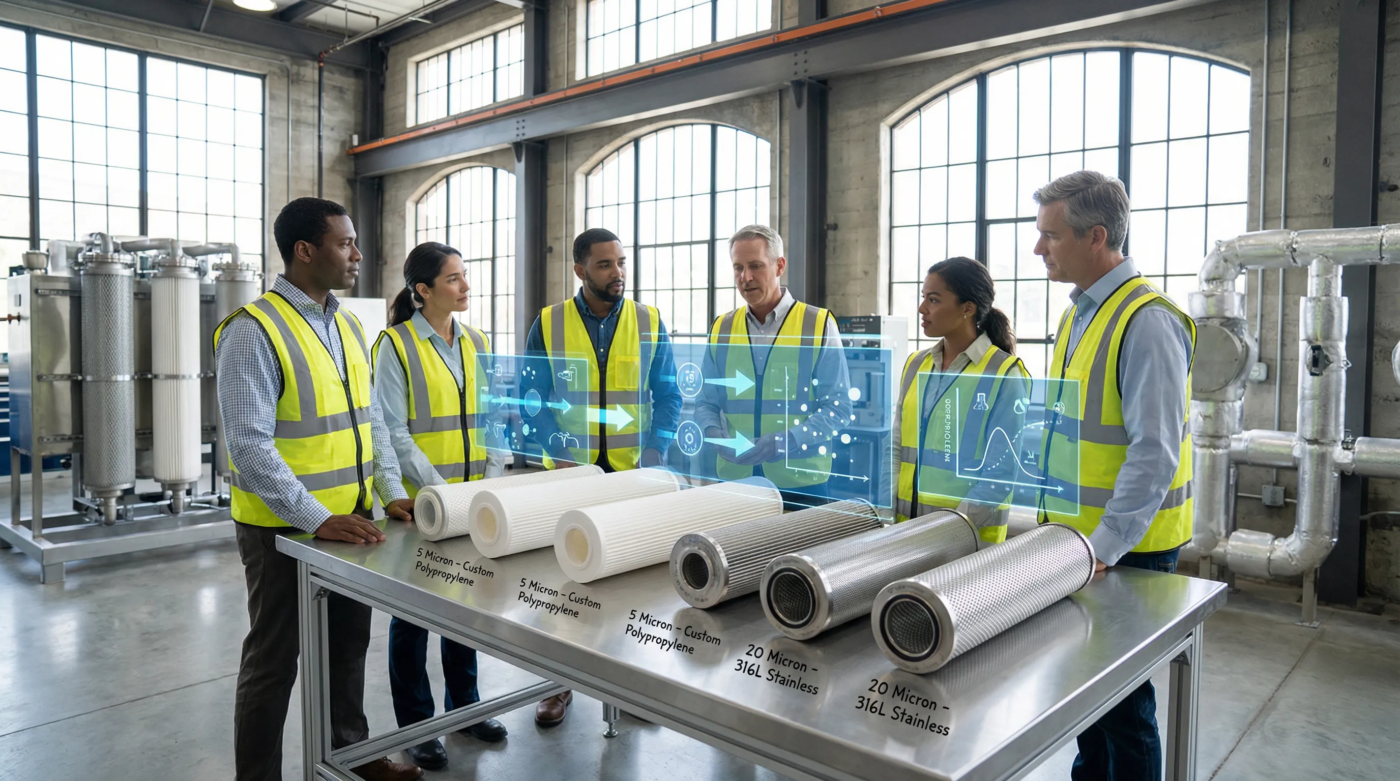 Engineers examining custom industrial filter cartridges in a modern plant setting.