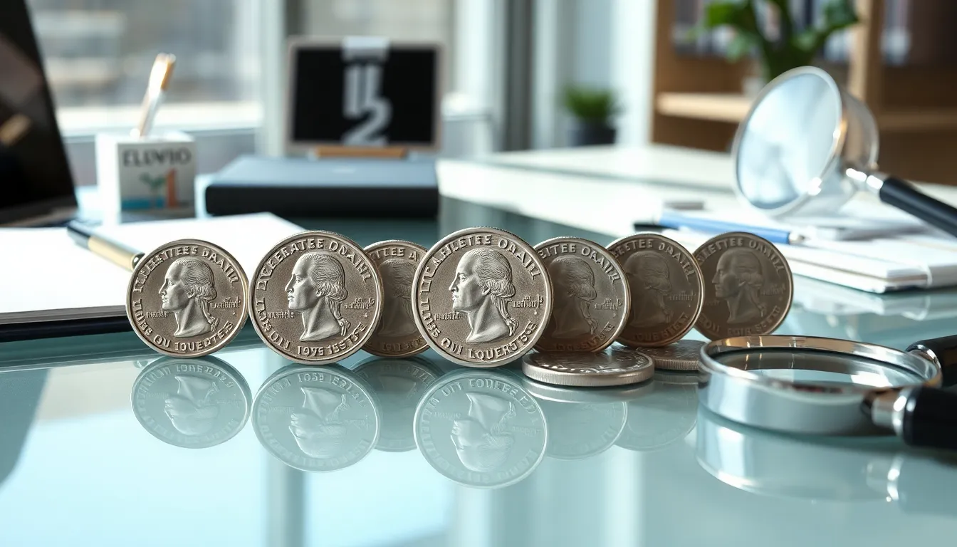 close-up of modern U.S. quarters on a glass desk.