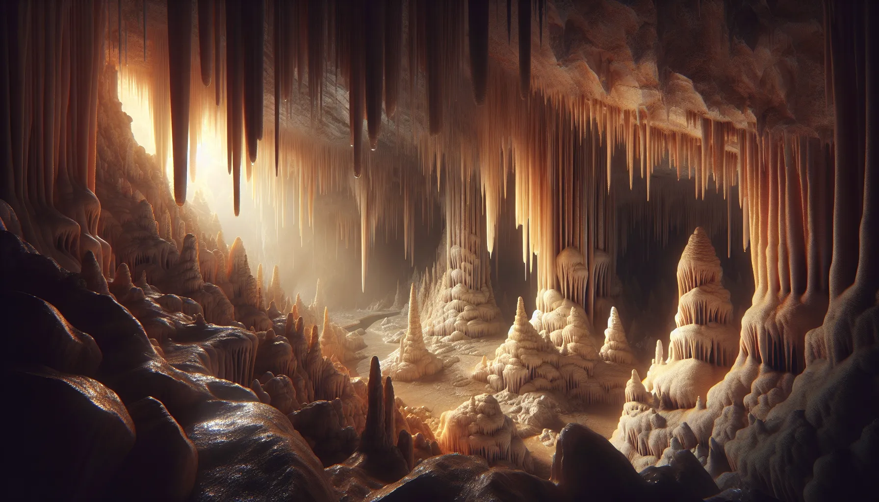 A cave with stalactites and stalagmites demonstrating their contrasting formations.