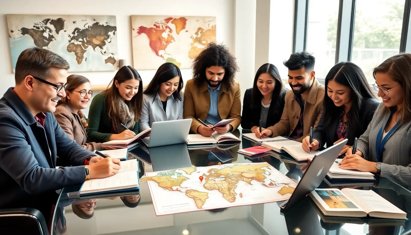 diverse group writing in travel journals at a modern office table.