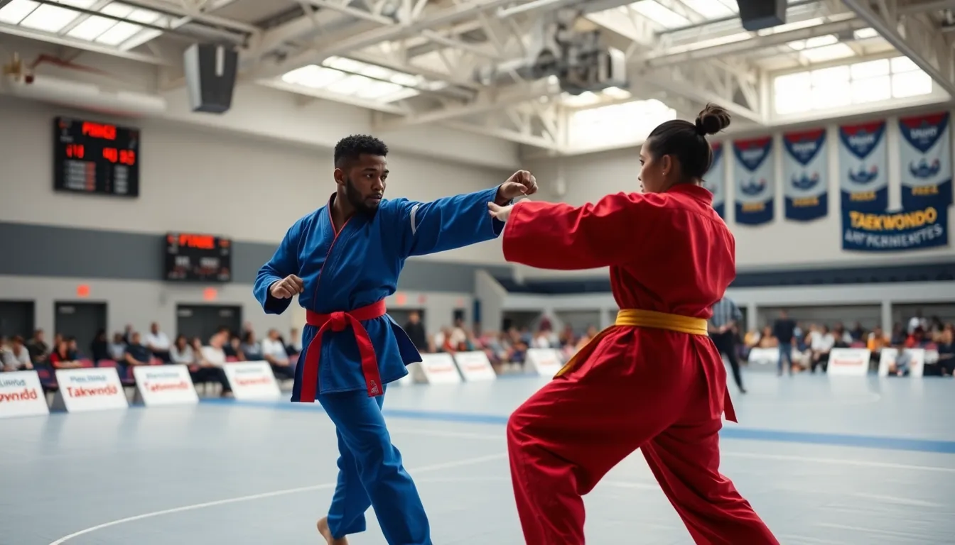 two taekwondo athletes sparring in a modern gym.