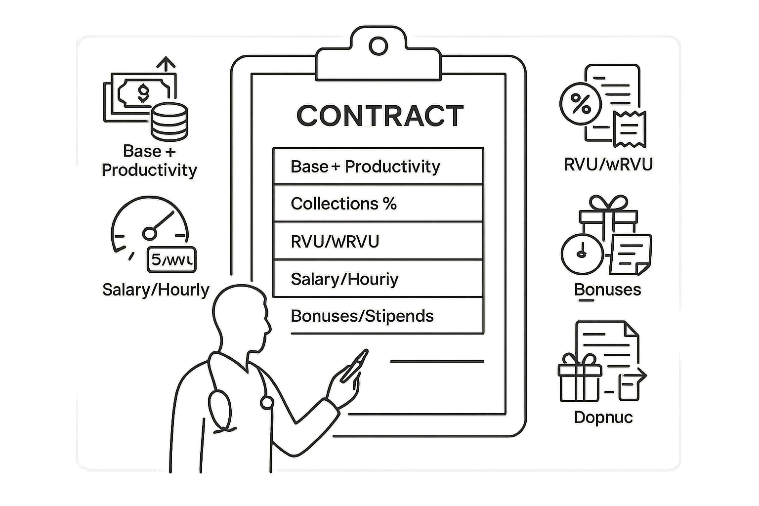 Line art of a contract with icons for different PA compensation models.
