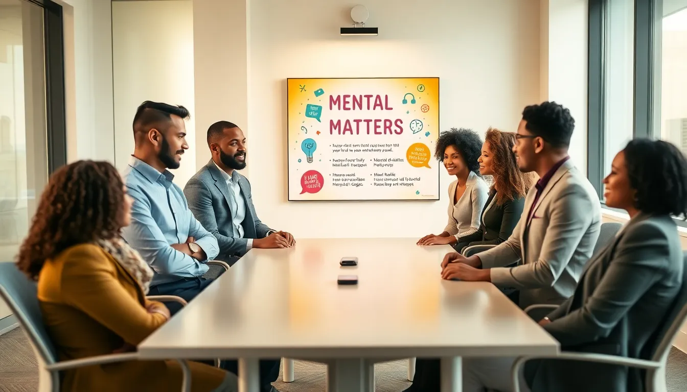 diverse professionals discussing mental health in a modern workspace.