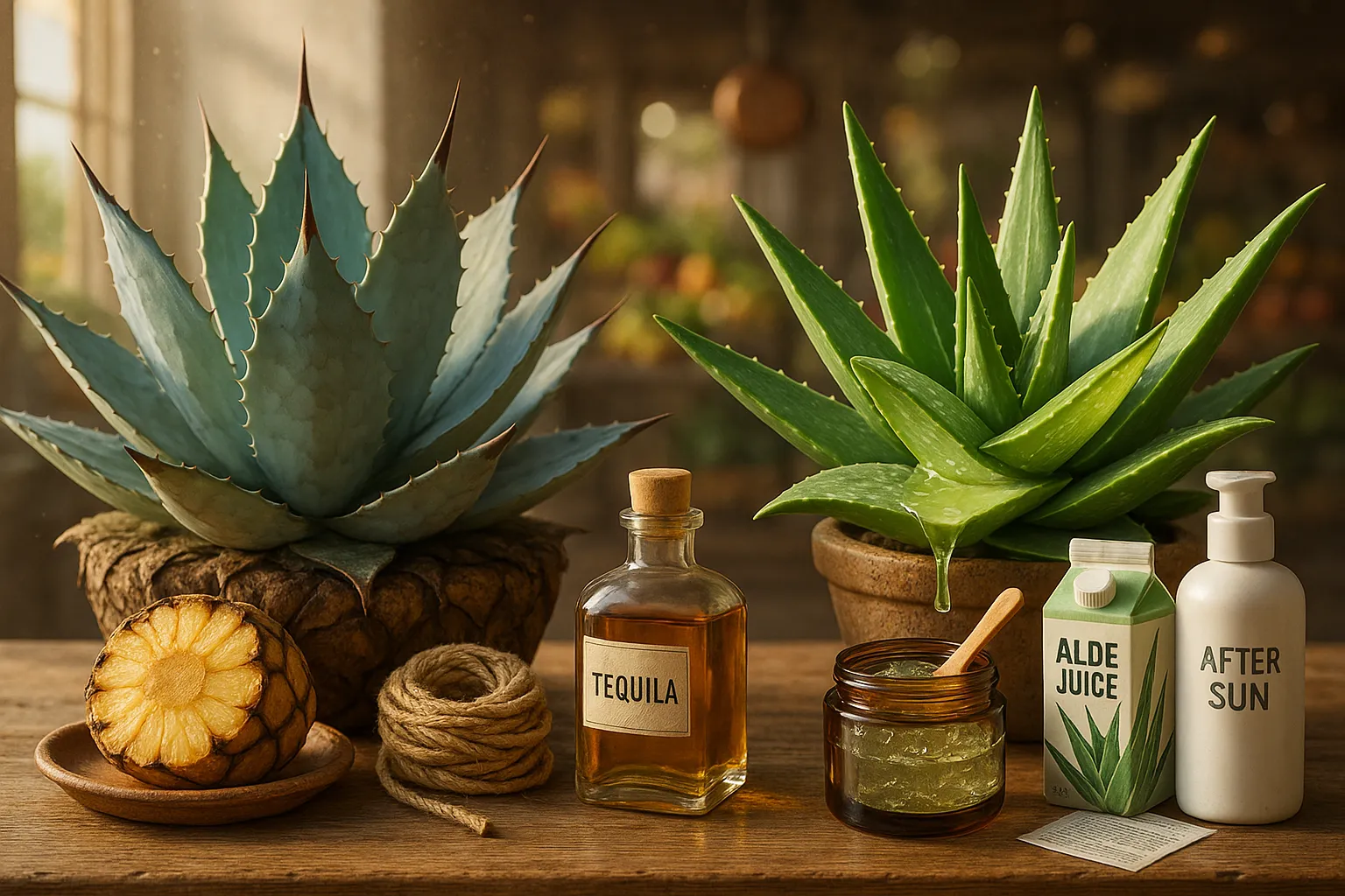 Blue agave and sliced aloe vera with tequila bottle and aloe gel on countertop.