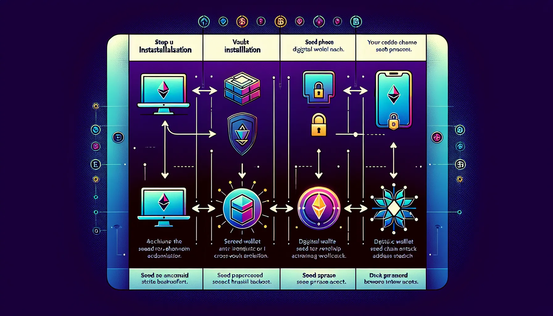 Vertical diagram showing MetaMask wallet setup steps with installation, seed phrase, and wallet address icons.