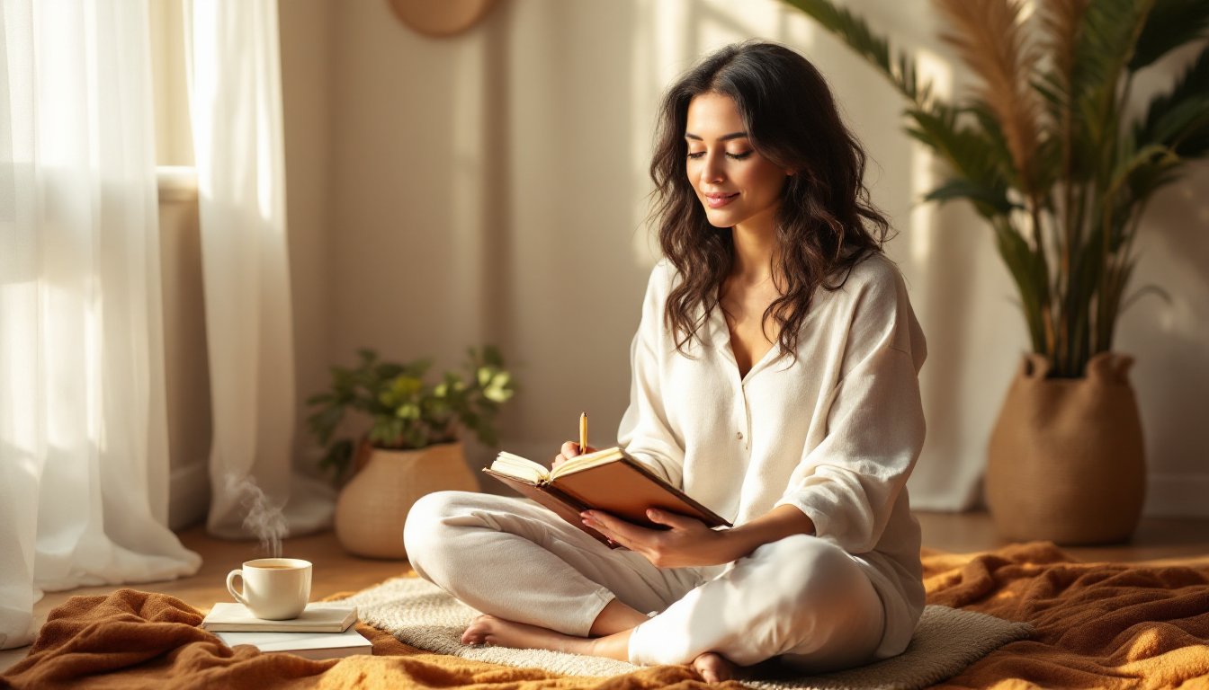 Woman journaling peacefully in a sunlit living room during morning reflection.