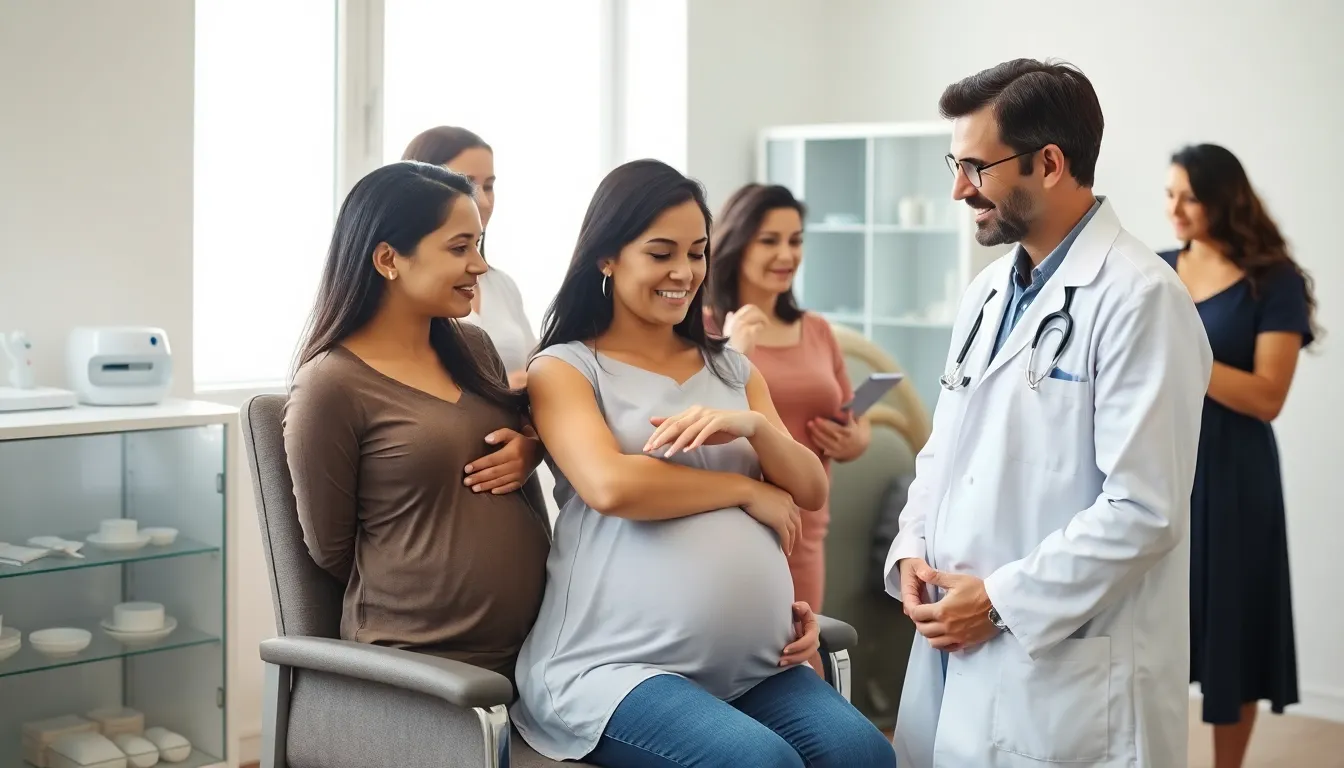 dermatologist consulting with pregnant women about prurigo symptoms.
