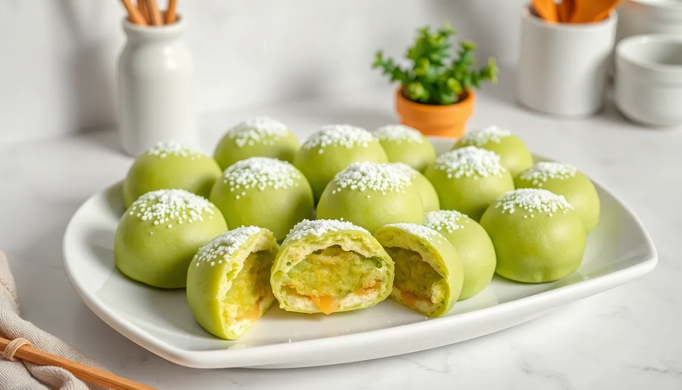 arrangement of green mochi cookies in a modern kitchen setting.