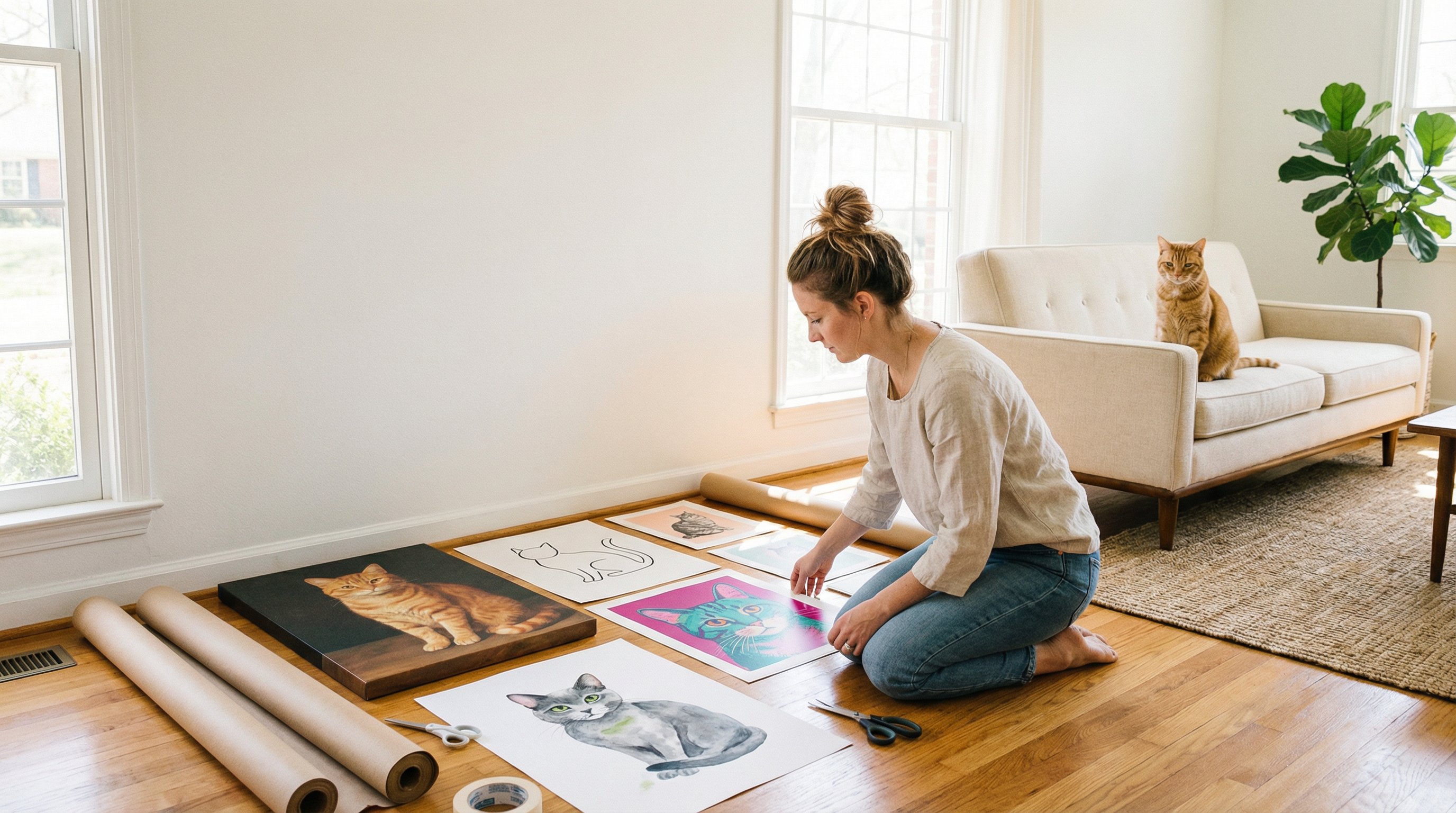 Woman arranging cat art prints on floor while planning a gallery wall layout.