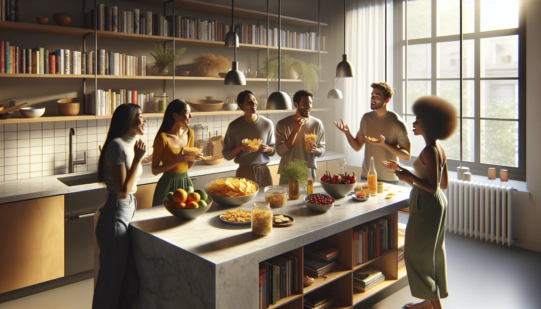 friends discussing snacks in a modern kitchen
