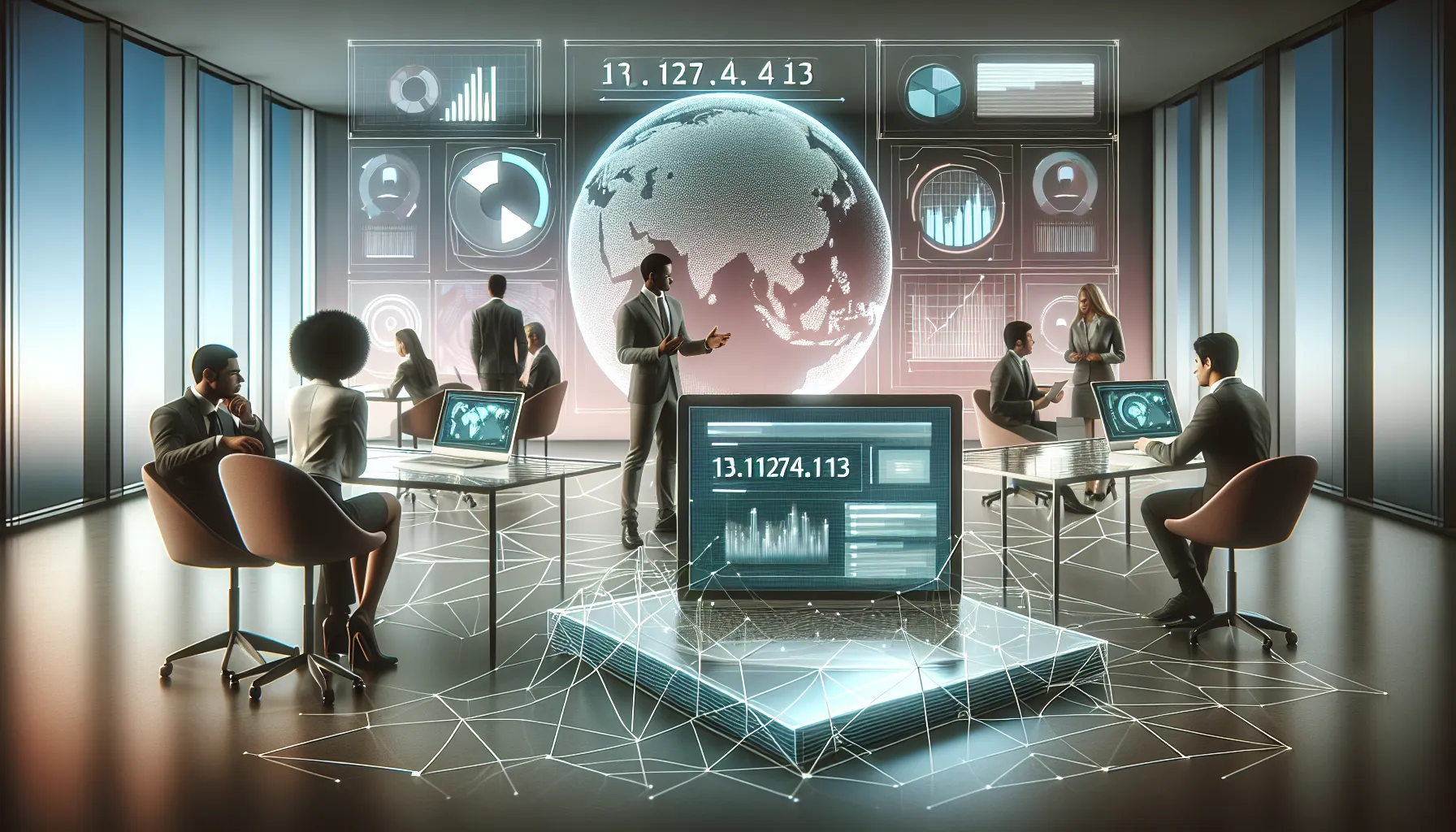 professionals discussing IP addresses in a modern digital workspace.