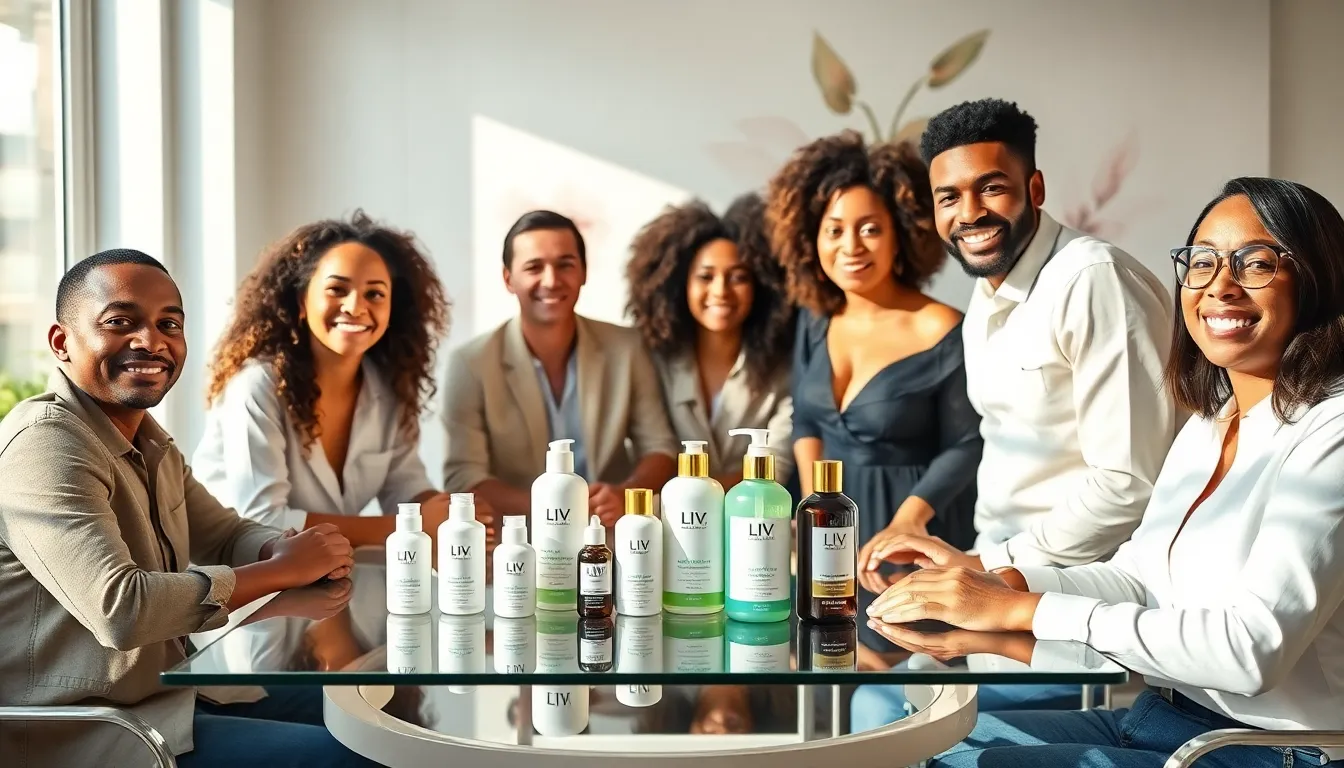 diverse team discussing Liv Beauty products in a modern office.