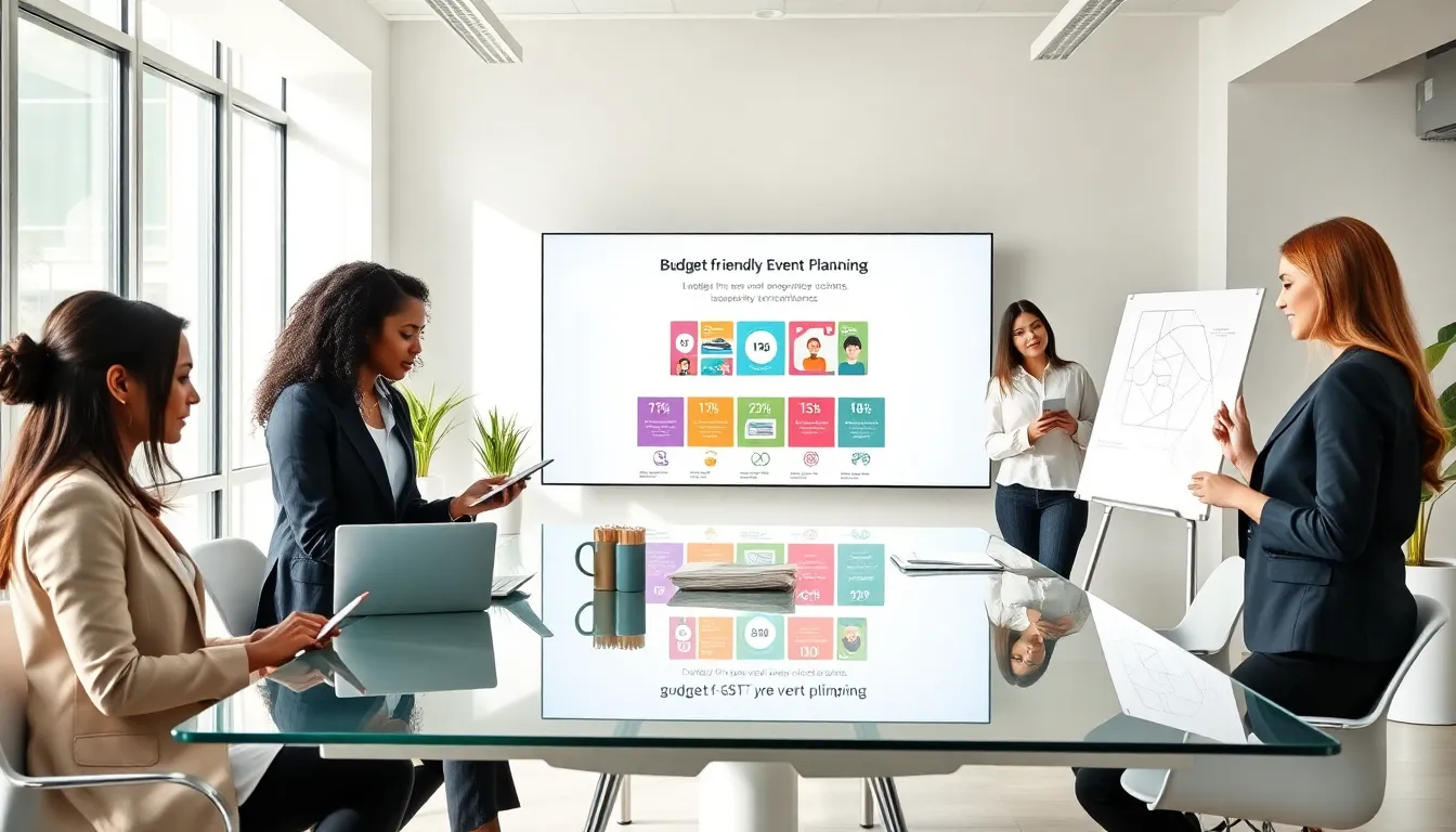 diverse team collaborating on budget-friendly event planning in a modern office.