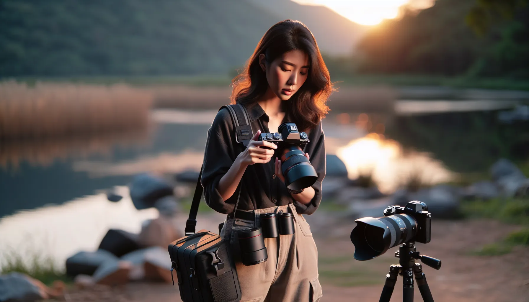 A photographer using a full-frame DSLR camera outdoors at golden hour.