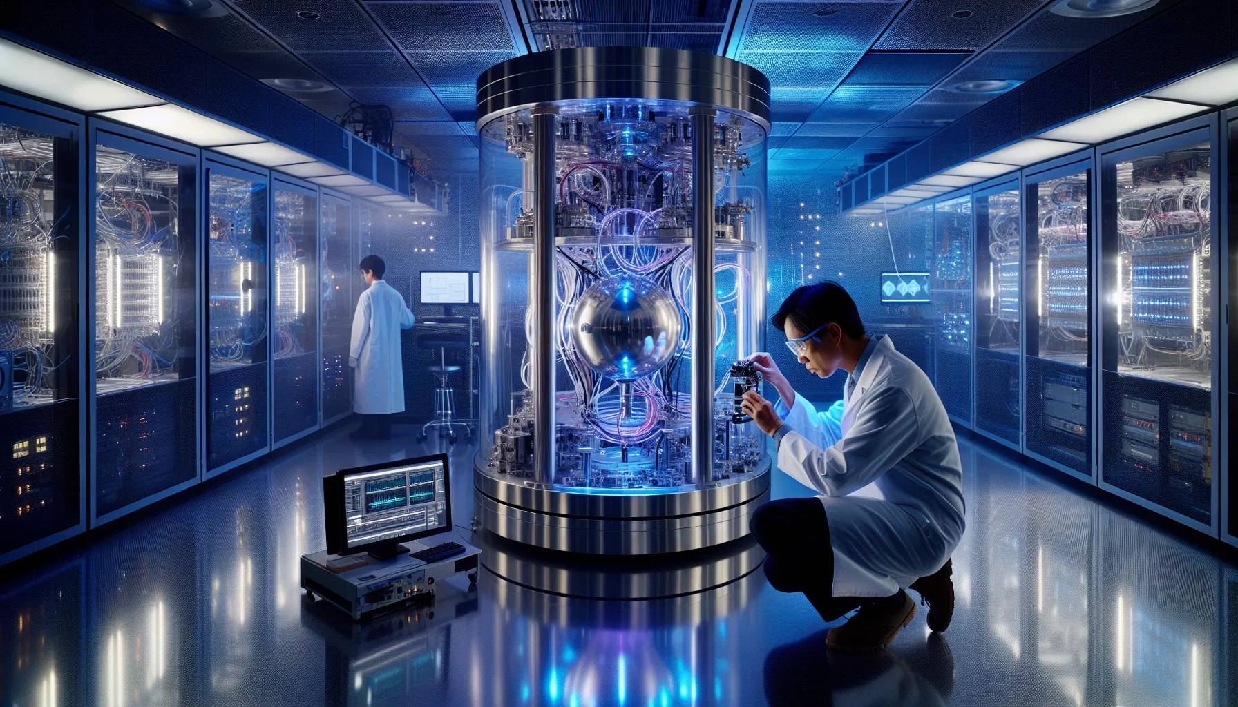 Scientist adjusting trapped-ion quantum computer in modern laboratory with cloud platform displays.