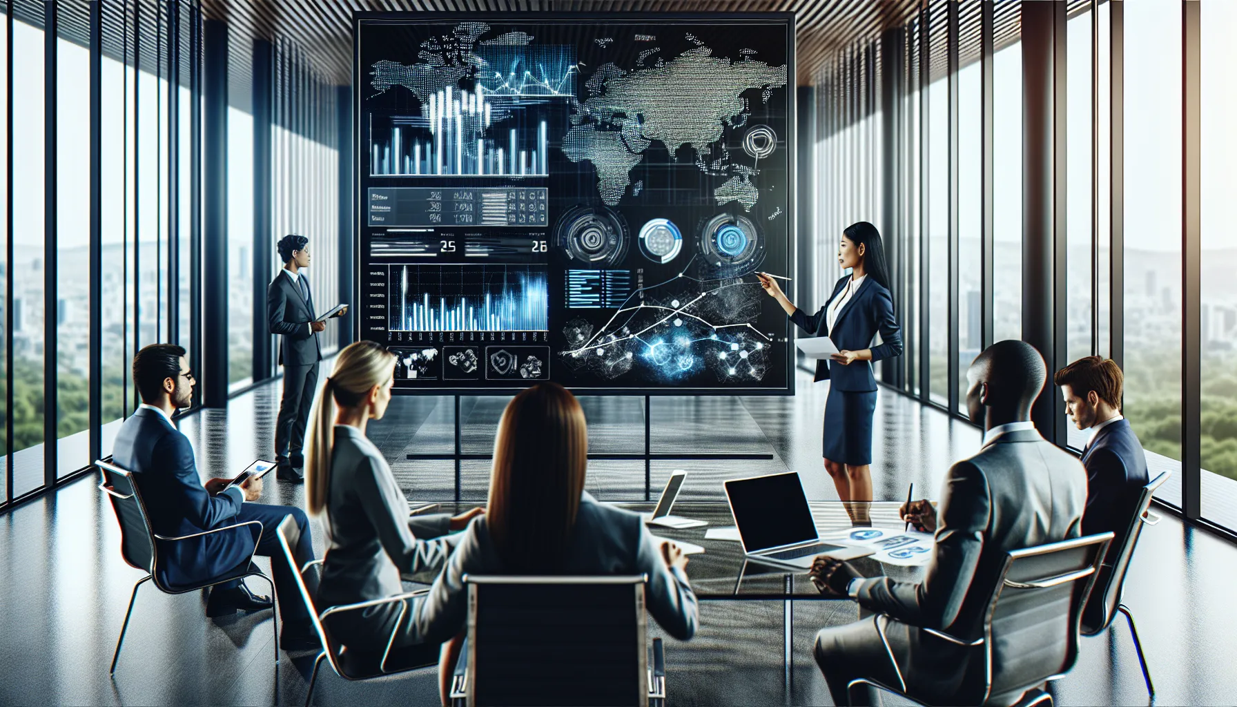 diverse team analyzing data in a modern office setting.