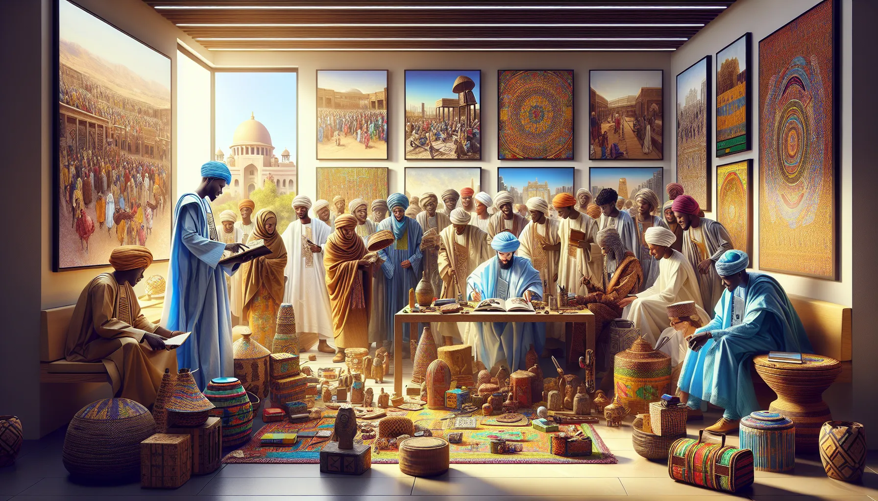 Hausa individuals in traditional attire engaged in cultural activities.