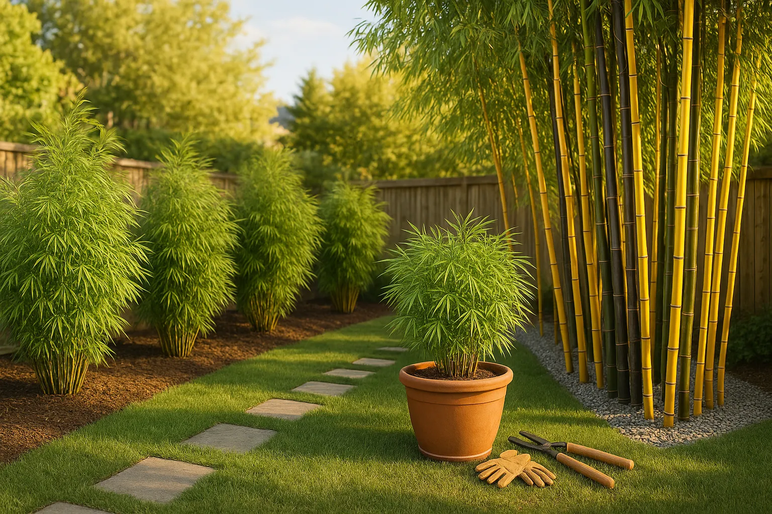 compact Fargesia hedge beside tall colorful Phyllostachys bamboo backdrop