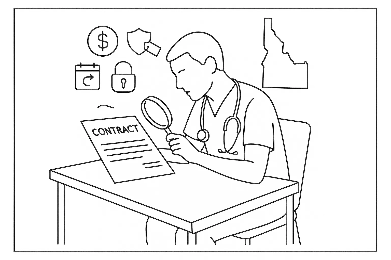 A PA at a desk examining a contract with Idaho map and legal icons.