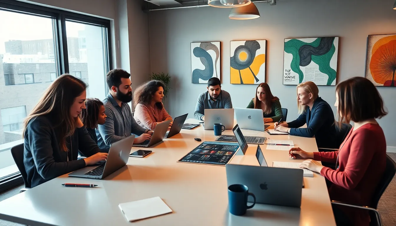 diverse writers collaborating in a modern office environment.