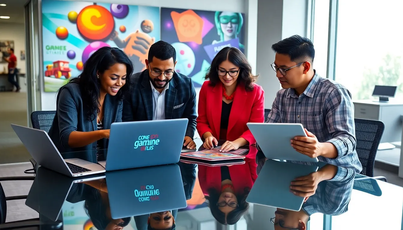 diverse team discussing game design in a modern office.