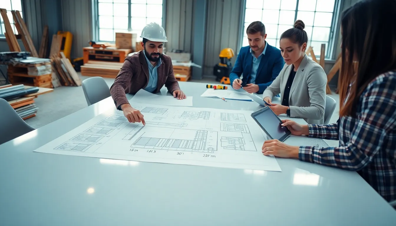 diverse team discussing construction dimensions on blueprints.