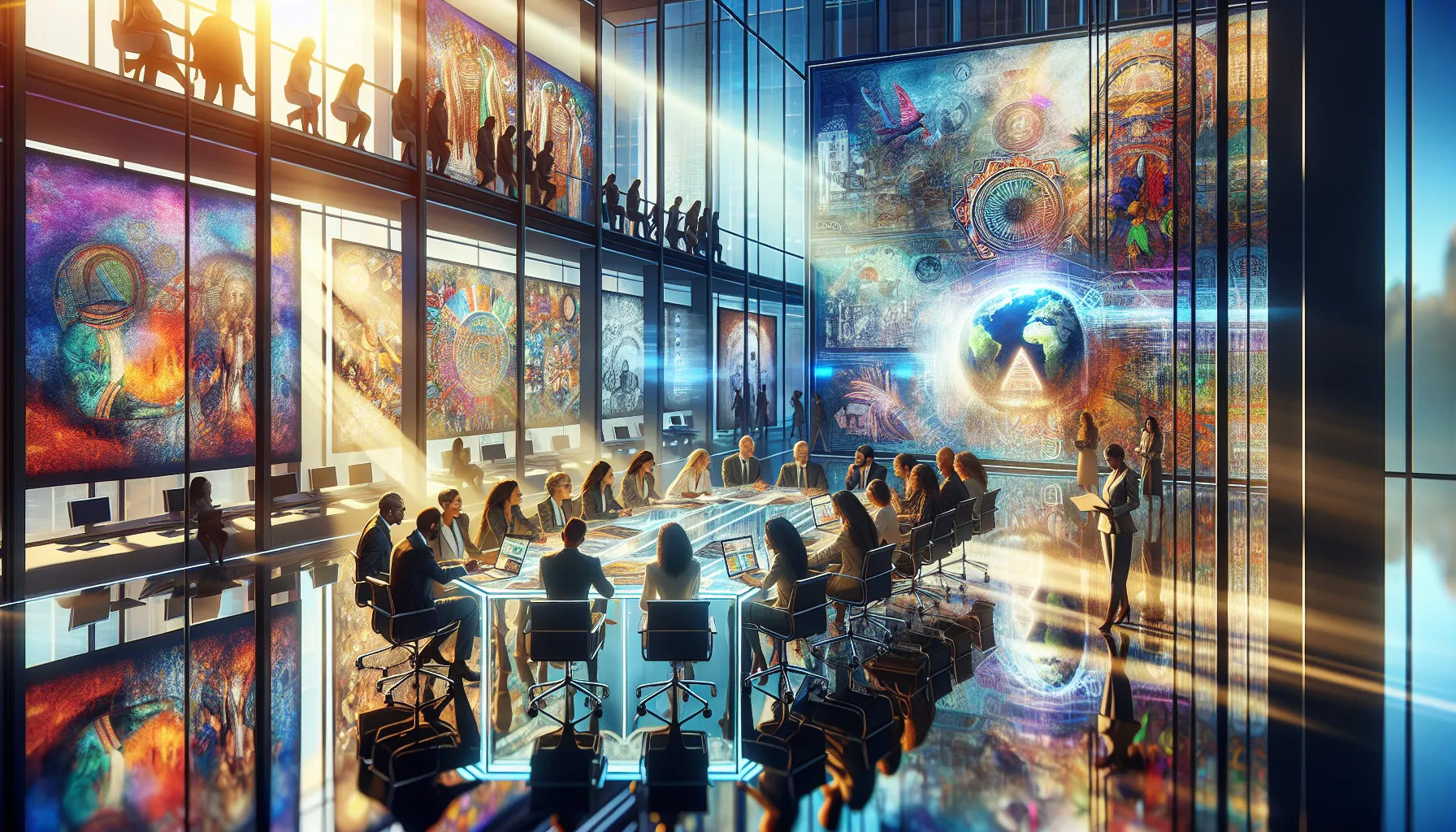 diverse professionals collaborating on Ашмук cultural initiatives in a modern office.