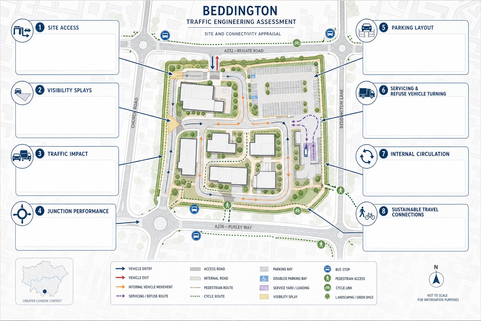 Infographic of traffic engineering assessments for a development site in Beddington.