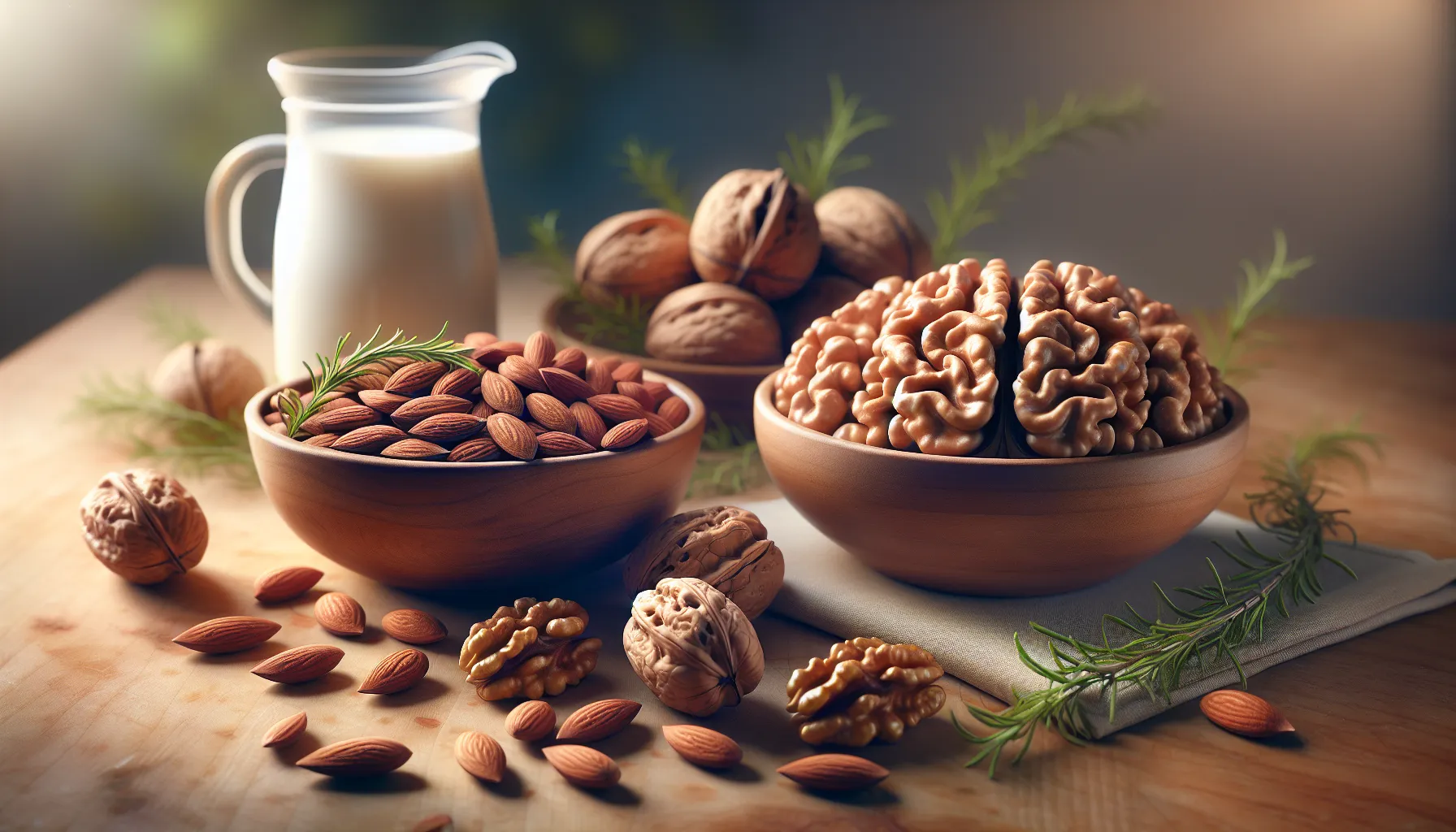 Two bowls with almonds and walnuts on a wooden table.