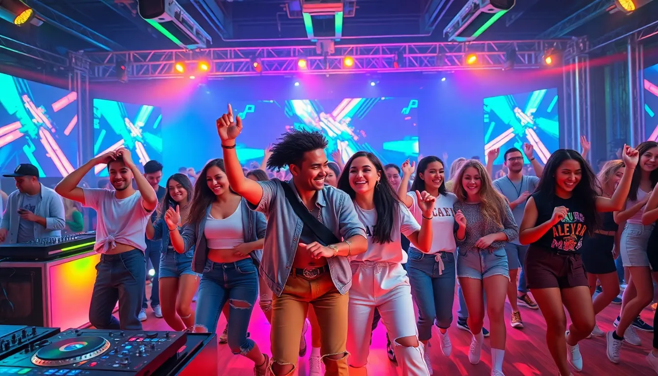 diverse group dancing at a music festival with colorful lighting.