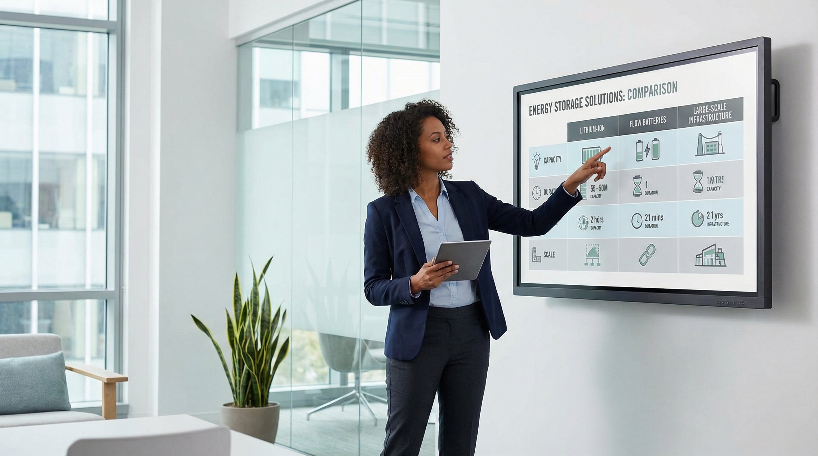 Consultant presenting energy storage system comparison chart in modern office setting.