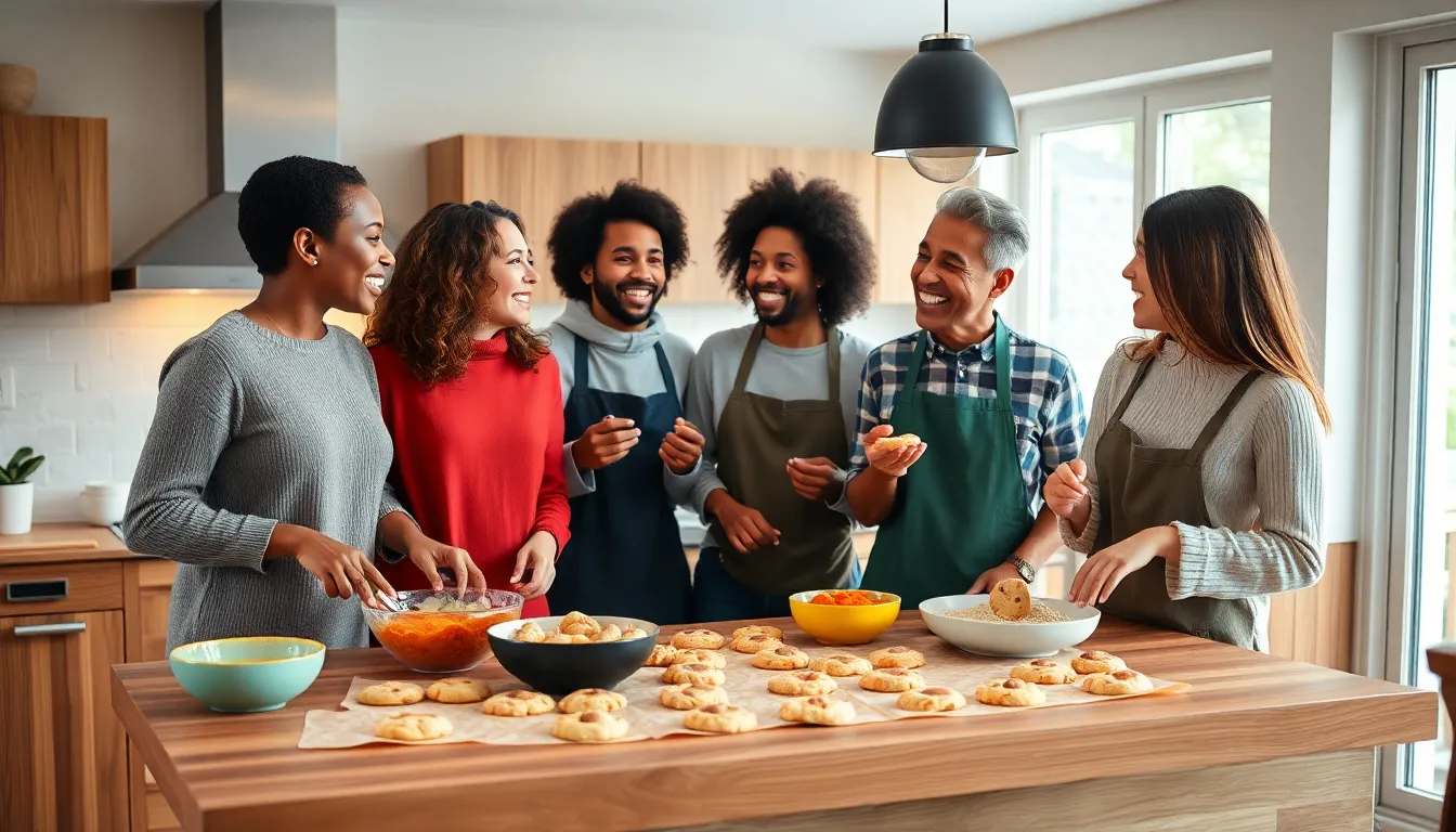 diverse friends baking cookies together in a modern kitchen.